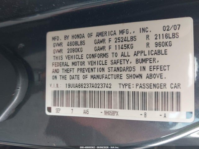 Aukcja sprzedaży 2007 Acura Tl 3.2, vin: 19UUA66237A023742, numer aukcji: 45800362