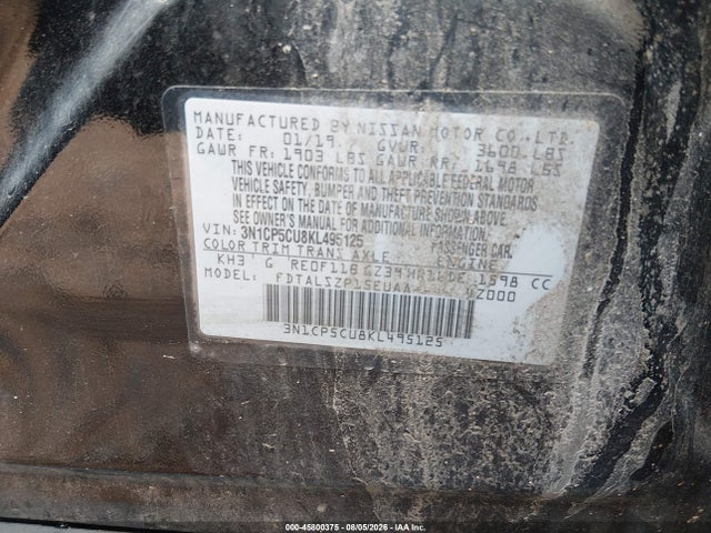 2019 Nissan Kicks Sv მანქანა იყიდება აუქციონზე, vin: 3N1CP5CU8KL495125, აუქციონის ნომერი: 45800375