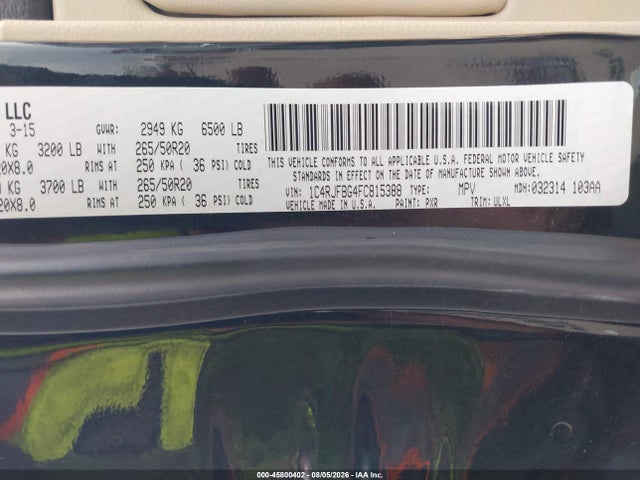45800402 :رقم المزاد ، 1C4RJFBG4FC815388 vin ، 2015 Jeep Grand Cherokee Limited مزاد بيع