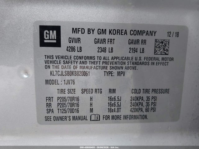 45800405 :رقم المزاد ، KL7CJLSB0KB820061 vin ، 2019 Chevrolet Trax Lt مزاد بيع