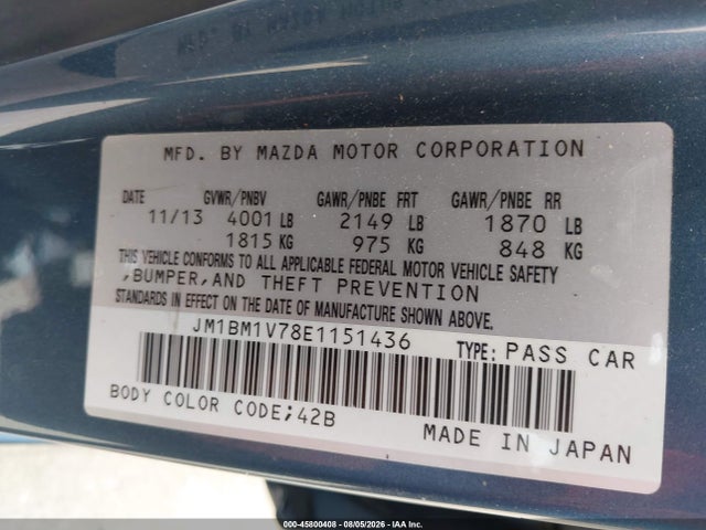 Aukcja sprzedaży 2014 Mazda Mazda3, vin: JM1BM1V78E1151436, numer aukcji: 45800408