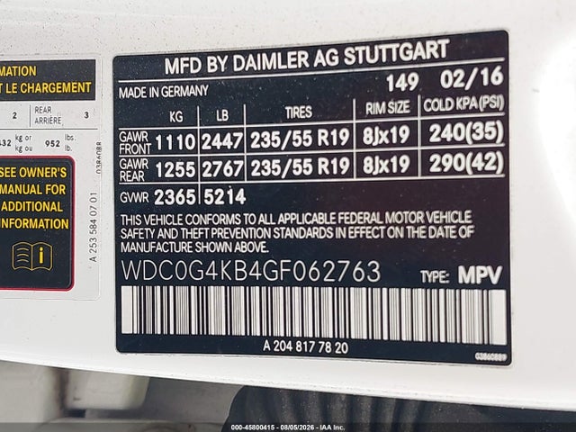 Aukcja sprzedaży 2016 Mercedes-benz Glc 300 4matic, vin: WDC0G4KB4GF062763, numer aukcji: 45800415