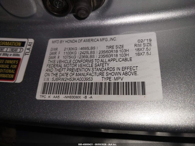 45800421 :رقم المزاد ، 5J6RW2H53KA003953 vin ، 2019 Honda Cr-v Ex مزاد بيع