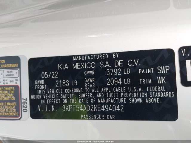 Продаж на аукціоні авто 2022 Kia Forte Gt-line, vin: 3KPF54AD2NE494042, номер лоту: 45800439