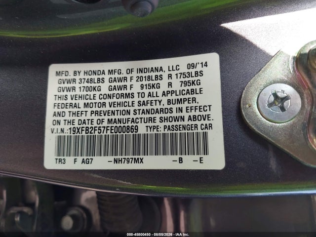 Продаж на аукціоні авто 2015 Honda Civic Lx, vin: 19XFB2F57FE000869, номер лоту: 45800450