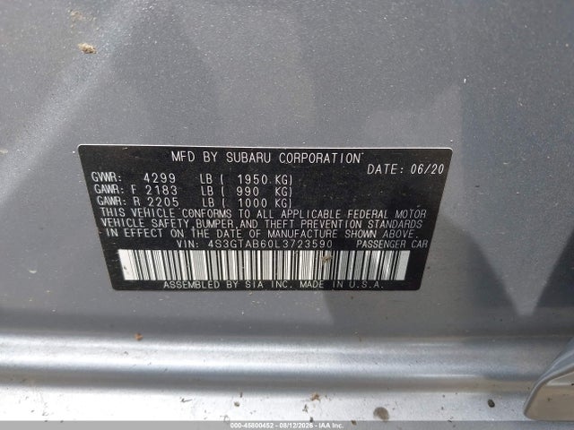 Aukcja sprzedaży 2020 Subaru Impreza 5-door, vin: 4S3GTAB60L3723590, numer aukcji: 45800452