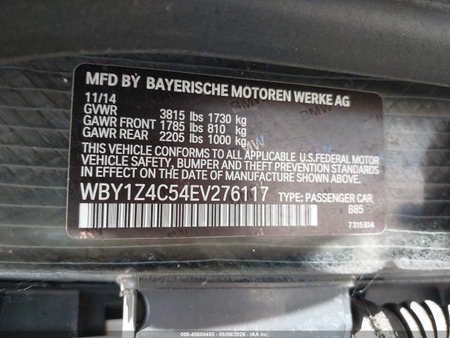 45800455 :رقم المزاد ، WBY1Z4C54EV276117 vin ، 2014 Bmw I3 Base W/range Extender مزاد بيع