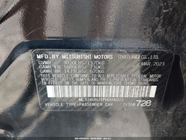 Продаж на аукціоні авто 2023 Mitsubishi Mirage Es/le, vin: ML32AUHJ1PH004602, номер лоту: 45800470
