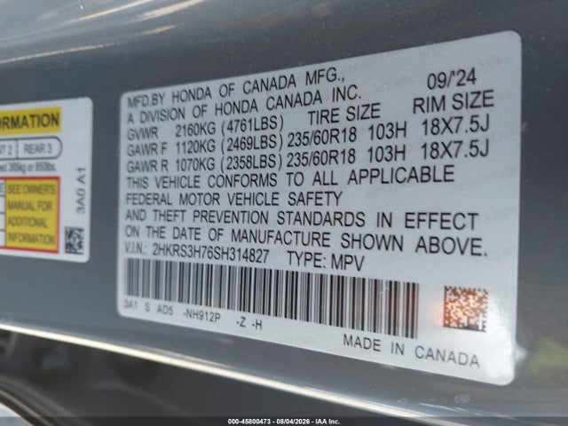 45800473 :رقم المزاد ، 2HKRS3H76SH314827 vin ، 2025 Honda Cr-v Ex-l 2wd مزاد بيع