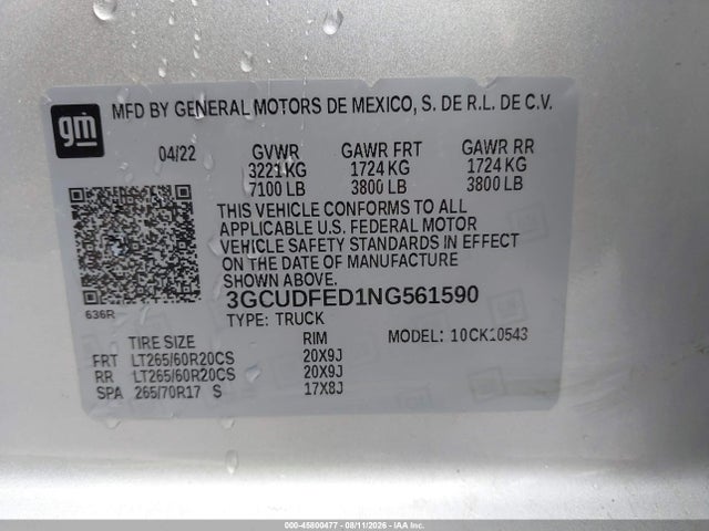 2022 Chevrolet Silverado 1500 4wd  Short Bed Lt Trail Boss მანქანა იყიდება აუქციონზე, vin: 3GCUDFED1NG561590, აუქციონის ნომერი: 45800477