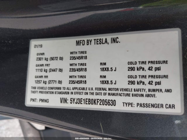 45800488 :رقم المزاد ، 5YJ3E1EB0KF205630 vin ، 2019 Tesla Model 3 Long Range/performance مزاد بيع