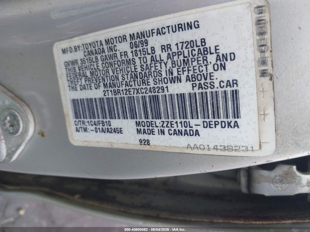Продаж на аукціоні авто 1999 Toyota Corolla Ce, vin: 2T1BR12E7XC248291, номер лоту: 45800492