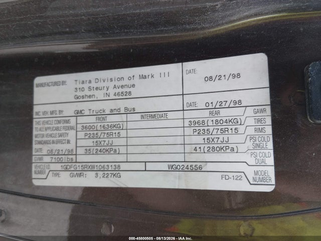 45800505 :رقم المزاد ، 1GDFG15RXW1063138 vin ، 1998 Gmc Savana Yf7 مزاد بيع