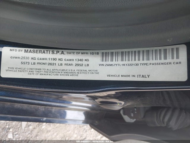 Продаж на аукціоні авто 2019 Maserati Ghibli S Q4 Granlusso, vin: ZAM57YTL1K1322130, номер лоту: 45800521