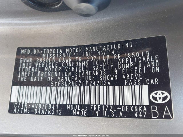 Toyota COROLLA LE 2015 5YFBURHE7FP242834 Image 9