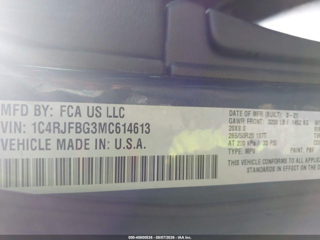 Aukcja sprzedaży 2021 Jeep Grand Cherokee Limited 4x4, vin: 1C4RJFBG3MC614613, numer aukcji: 45800538