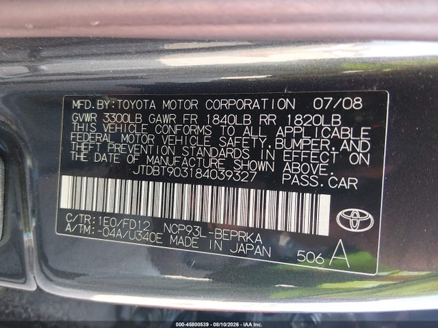 Продаж на аукціоні авто 2008 Toyota Yaris, vin: JTDBT903184039327, номер лоту: 45800539
