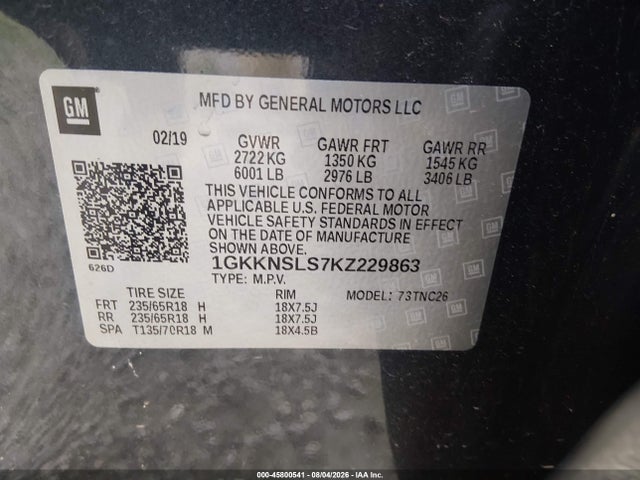 Aukcja sprzedaży 2019 Gmc Acadia Sle-2, vin: 1GKKNSLS7KZ229863, numer aukcji: 45800541