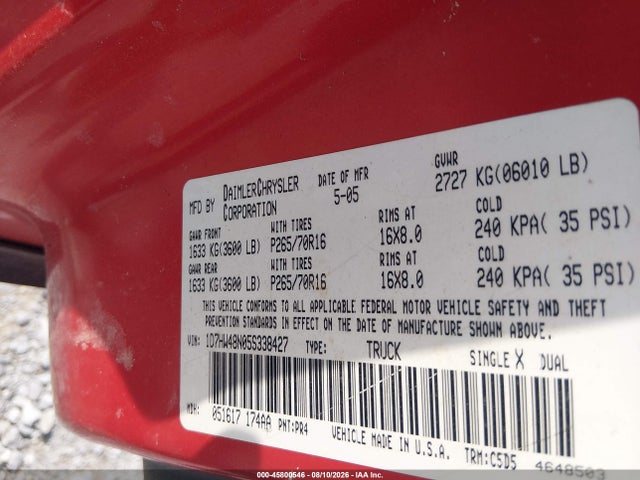 Aukcja sprzedaży 2005 Dodge Dakota Slt, vin: 1D7HW48N05S338427, numer aukcji: 45800546