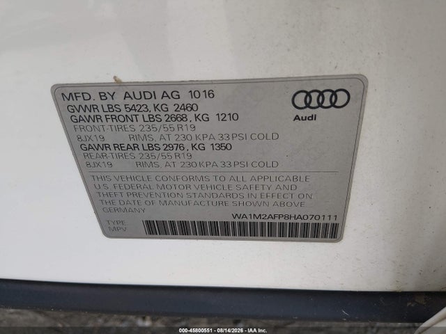 Продажа на аукционе авто 2017 Audi Q5 2.0t Premium, vin: WA1M2AFP8HA070111, номер лота: 45800551