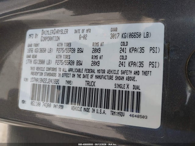 Продаж на аукціоні авто 2002 Dodge Ram 1500 St, vin: 1D7HA18N22J241891, номер лоту: 45800555