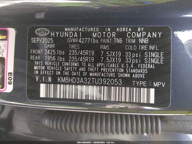 Aukcja sprzedaży 2026 Hyundai Kona Sel Premium, vin: KM8HD3A32TU392053, numer aukcji: 45800561