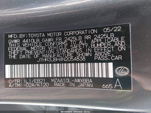 Продажа на аукционе авто 2022 Lexus Ux 200 F Sport, vin: JTHR3JBH4N2054838, номер лота: 45800570