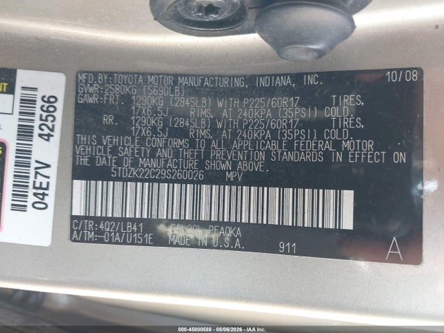 Продажа на аукционе авто 2009 Toyota Sienna Xle, vin: 5TDZK22C29S260026, номер лота: 45800588