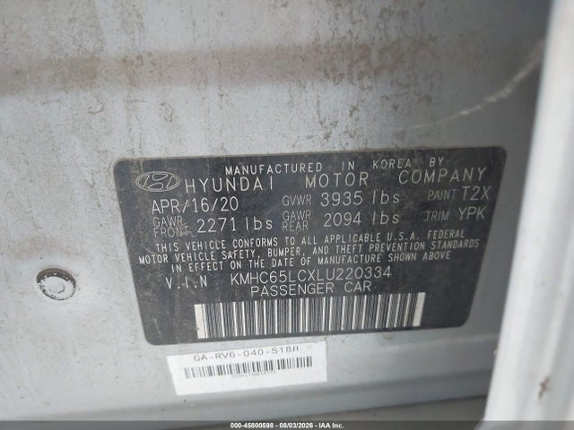 Aukcja sprzedaży 2020 Hyundai Ioniq Hybrid Blue, vin: KMHC65LCXLU220334, numer aukcji: 45800598