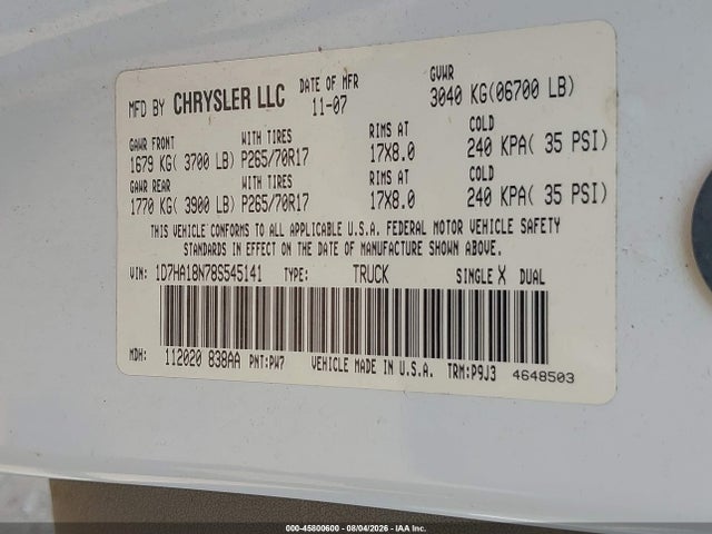 Aukcja sprzedaży 2008 Dodge Ram 1500 St/sxt, vin: 1D7HA18N78S545141, numer aukcji: 45800600