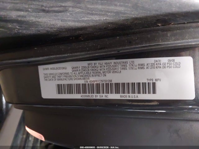 45800605 :رقم المزاد ، 4S4BP61C297331288 vin ، 2009 Subaru Outback 2.5i مزاد بيع