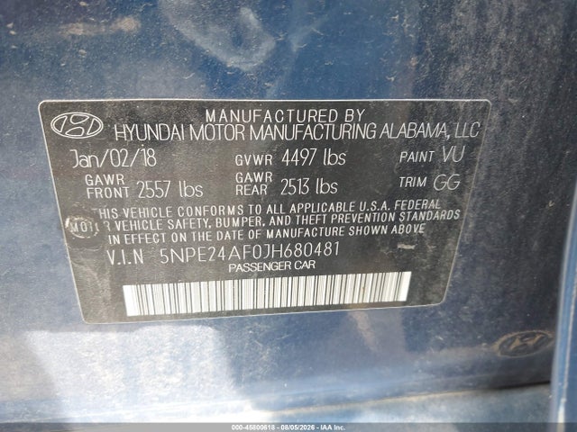 Продажа на аукционе авто 2018 Hyundai Sonata Se, vin: 5NPE24AF0JH680481, номер лота: 45800618