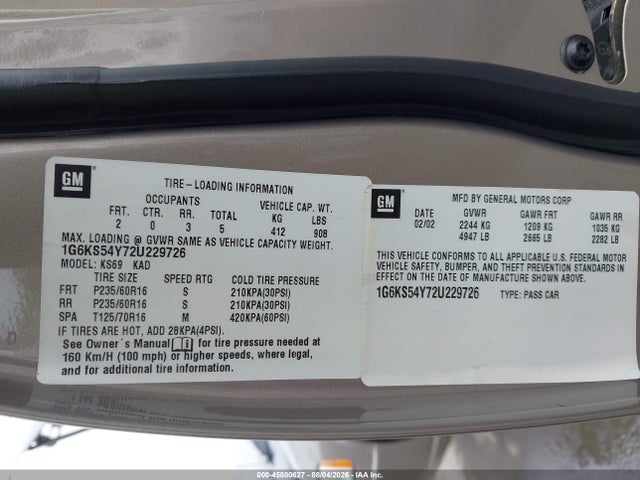 Продаж на аукціоні авто 2002 Cadillac Seville Sls, vin: 1G6KS54Y72U229726, номер лоту: 45800627