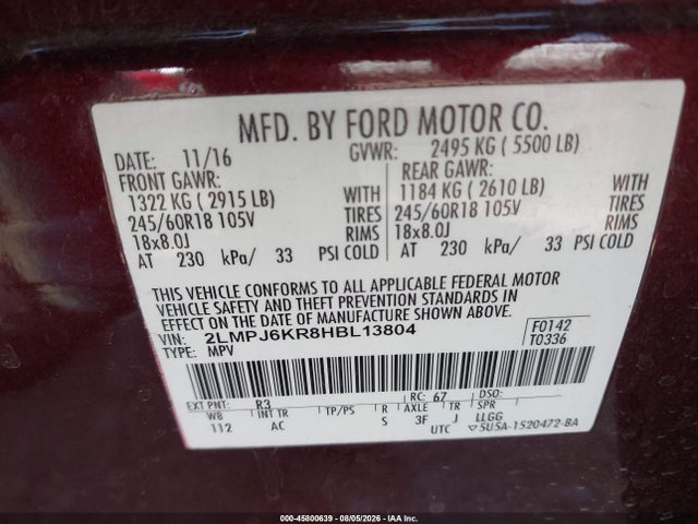 Aukcja sprzedaży 2017 Lincoln Mkx Select, vin: 2LMPJ6KR8HBL13804, numer aukcji: 45800639
