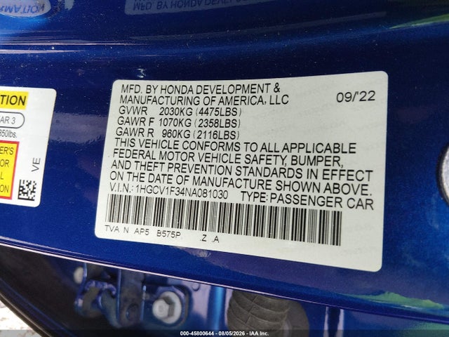 2022 Honda Accord Sport მანქანა იყიდება აუქციონზე, vin: 1HGCV1F34NA081030, აუქციონის ნომერი: 45800644
