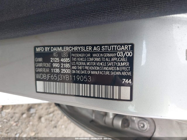 Aukcja sprzedaży 2000 Mercedes-benz E 320, vin: WDBJF65J3YB119053, numer aukcji: 45800652