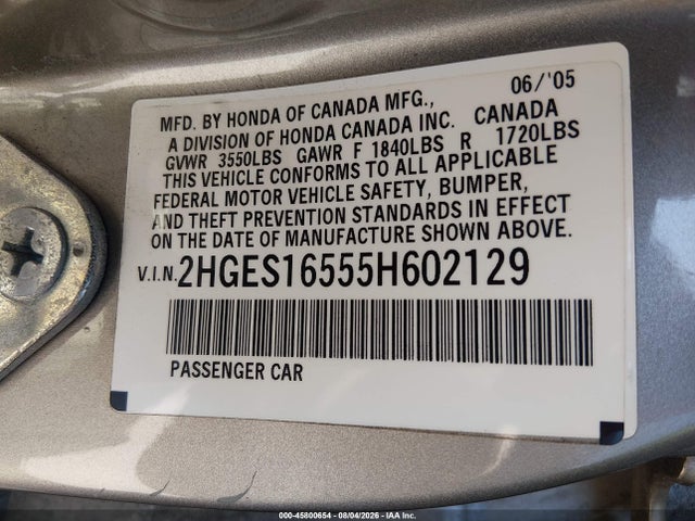 45800654 :رقم المزاد ، 2HGES16555H602129 vin ، 2005 Honda Civic Lx مزاد بيع