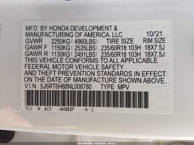 Продажа на аукционе авто 2022 Honda Cr-v Hybrid Ex-l, vin: 5J6RT6H88NL008780, номер лота: 45800656