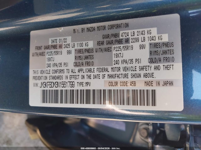Aukcja sprzedaży 2022 Mazda Cx-5 2.5 S Premium, vin: JM3KFBDM3N1561799, numer aukcji: 45800665