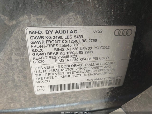 Aukcja sprzedaży 2023 Audi Q5 Sportback Premium 45 Tfsi S Line Quattro S Tronic, vin: WA14AAFY7P2001737, numer aukcji: 45800673