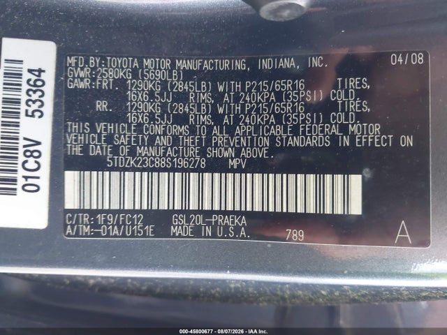 45800677 :رقم المزاد ، 5TDZK23C88S196278 vin ، 2008 Toyota Sienna Le مزاد بيع
