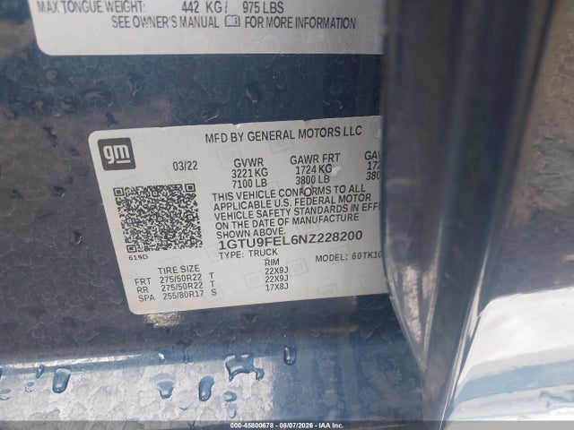 45800678 :رقم المزاد ، 1GTU9FEL6NZ228200 vin ، 2022 Gmc Sierra 1500 Limited 4wd  Short Box Denali مزاد بيع