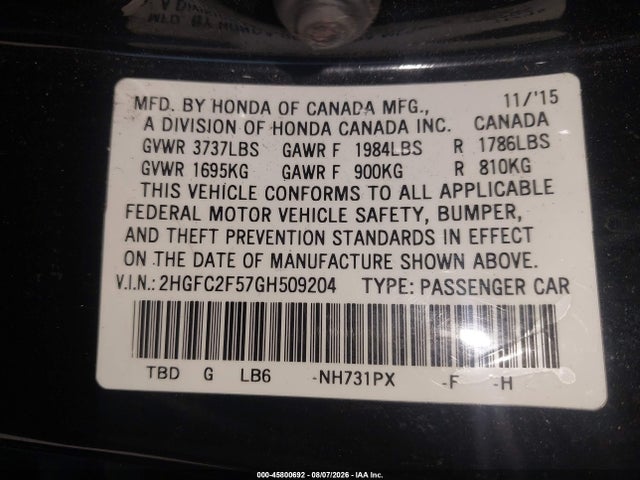 Honda Civic Lx 2016 2HGFC2F57GH509204 Image 9