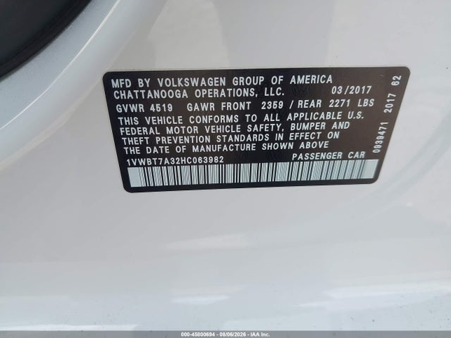 2017 Volkswagen Passat 1.8t Se მანქანა იყიდება აუქციონზე, vin: 1VWBT7A32HC063982, აუქციონის ნომერი: 45800694