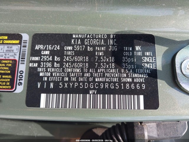 Aukcja sprzedaży 2024 Kia Telluride Sx Prestige X-pro, vin: 5XYP5DGC9RG518669, numer aukcji: 45800696