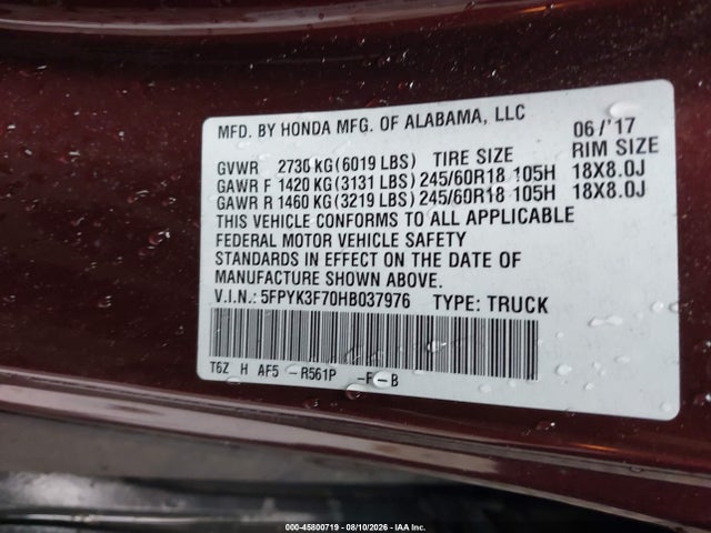 2017 Honda Ridgeline Rtl-e მანქანა იყიდება აუქციონზე, vin: 5FPYK3F70HB037976, აუქციონის ნომერი: 45800719