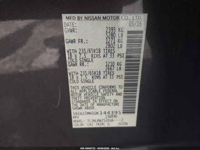 2016 Nissan Murano Sl მანქანა იყიდება აუქციონზე, vin: 5N1AZ2MH1GN144395, აუქციონის ნომერი: 45800722