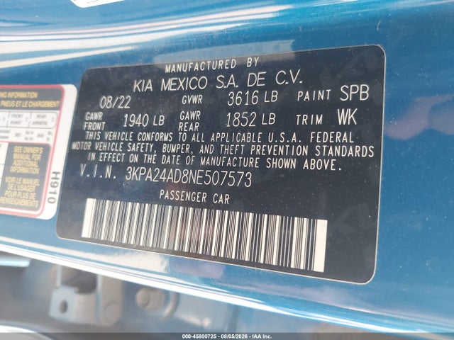 Продажа на аукционе авто 2022 Kia Rio S, vin: 3KPA24AD8NE507573, номер лота: 45800725