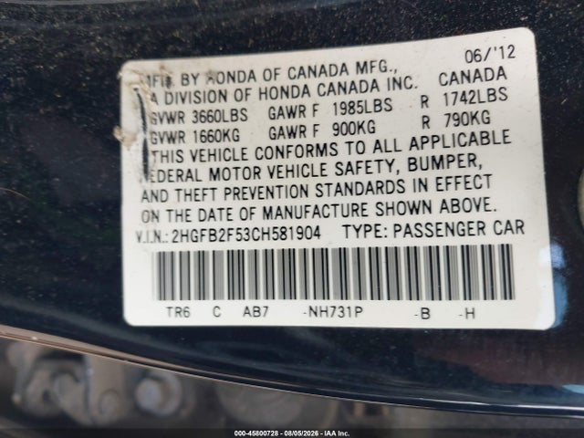 Aukcja sprzedaży 2012 Honda Civic Lx, vin: 2HGFB2F53CH581904, numer aukcji: 45800728