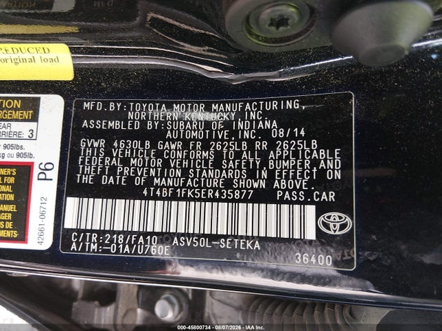 2014 Toyota Camry L მანქანა იყიდება აუქციონზე, vin: 4T4BF1FK5ER435877, აუქციონის ნომერი: 45800734